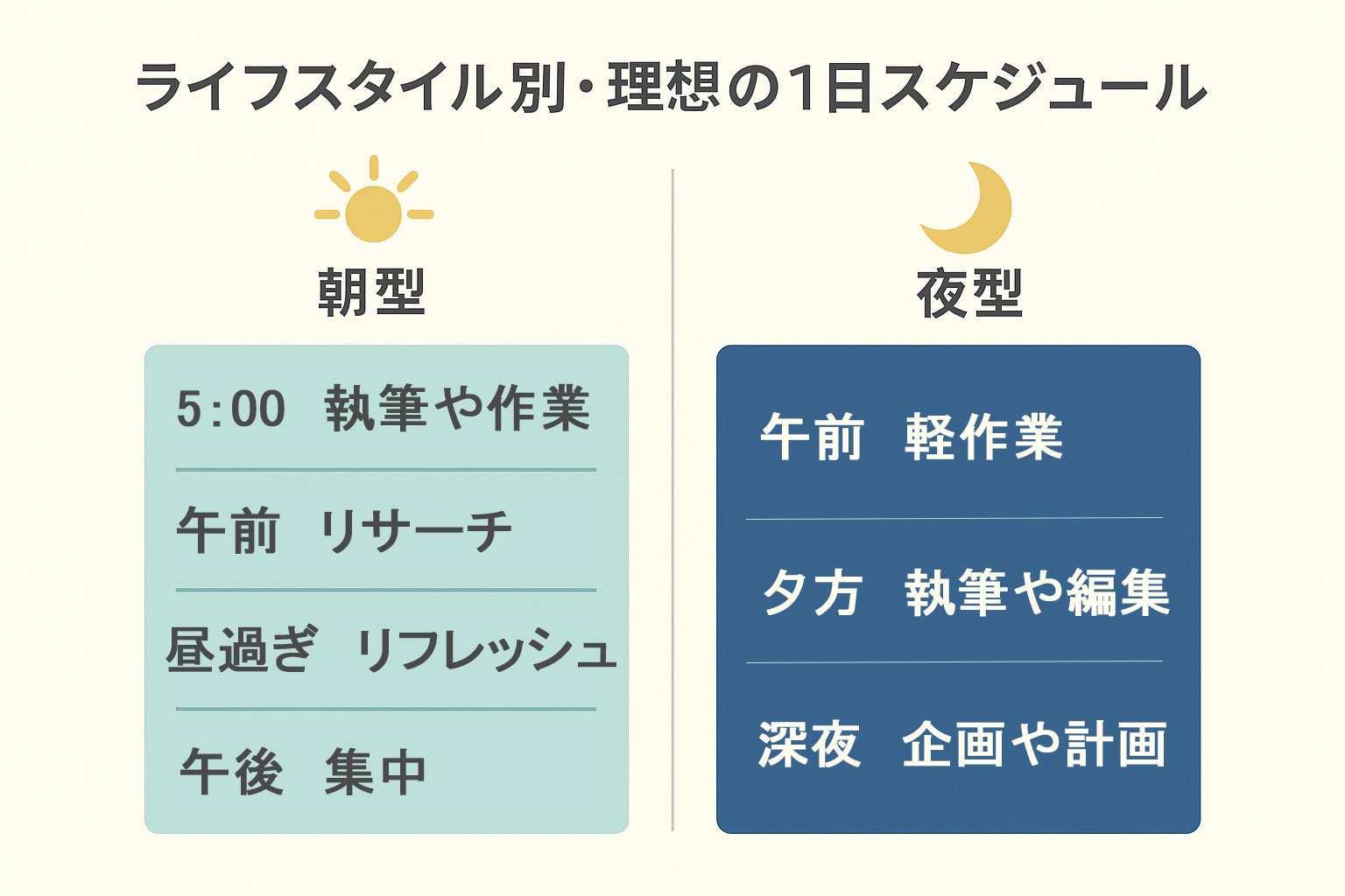 ライフスタイル別スケジュール例「朝型と夜型」